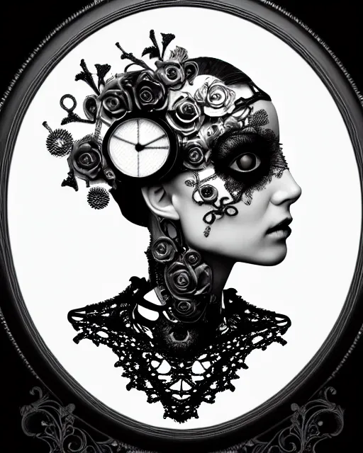 Prompt: black and white masterpiece profile portrait painting with no frame, one steampunk eye silver lace floral biomechanical beautiful young female cyborg, big monocular, volumetric light, hibiscus flowers, by hg giger, rim light, big gothic fashion pearl embroidered collar, 8 k