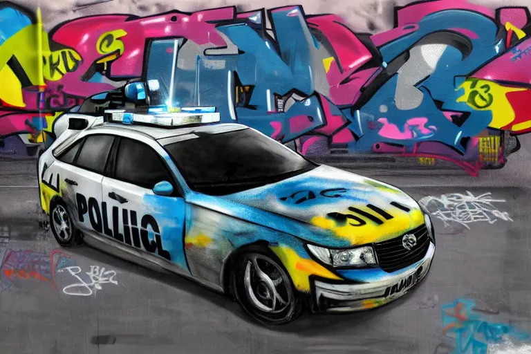 Image similar to a police car covered in graffiti that spells'1 3 1 2'by mia brownell, art by anna hotchkis, antonio saura, very detailed, maximalism, ambient occlusion, volumetric light, atmospheric haze, hyper realism, futuristic but colorful shading, cinematic composition, realistic render, photography, wide shot