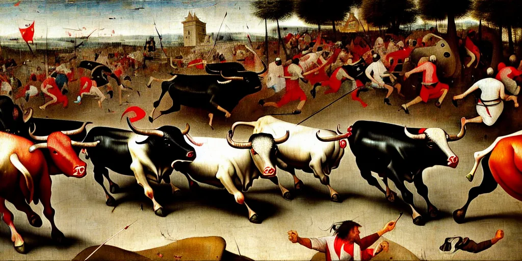 Image similar to the running of the bulls in pamplona, hundreds of people are fleeing from rampaging bulls in the city streets, art by hieronymus bosch, intricate, elegant, highly detailed, smooth, sharp focus, artstation