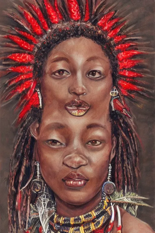 Prompt: a realistic portrait of an african goddess warrior with buffalo horns who wears red, orisha oya, the goddess of the winds.