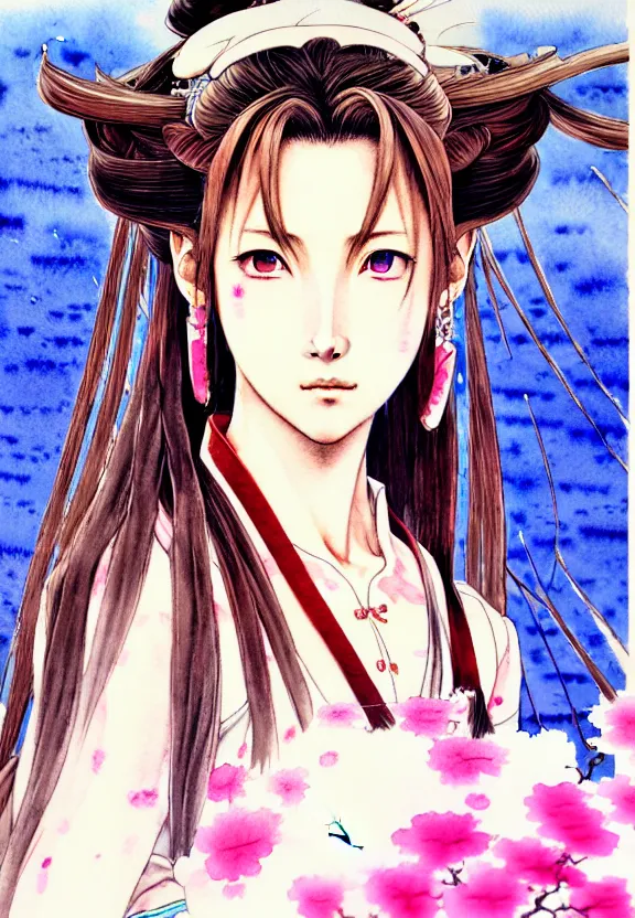 Image similar to a full-body watercolor painting of Aerith Gainsborough by Yoshitaka Amano, ukiyo-e, nouveau, concept art, 80's fantasy art, highly detailed, intricate, trending on artstation, award-winning