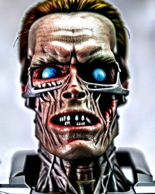 Image similar to arnold schwarzenegger as a damaged t - 1 0 0 terminator, one robotic eye, metal skull photo