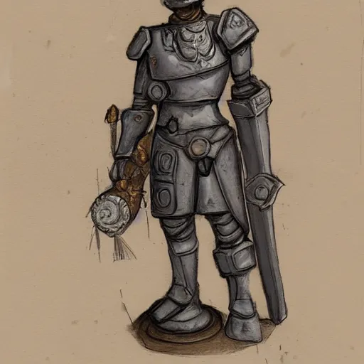 Image similar to Warforged royal guard made of stone, holding a guisarme, with a sun symbol on the center of his chest. Very strong, styled as a sketch with beige parchment and pencil, high detail, full body portrait