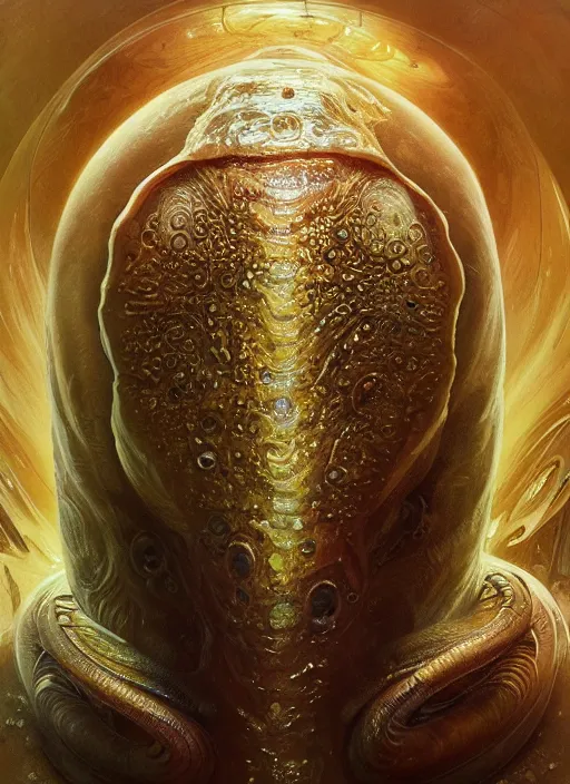 Image similar to elon musk as mollusk, slime, drool, portrait, intricate, elegant, highly detailed, digital painting, artstation, concept art, wallpaper, smooth, sharp focus, illustration, art by h. r. giger and artgerm and greg rutkowski and alphonse mucha