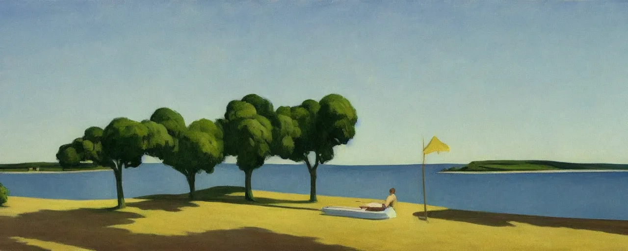 Image similar to an edward hopper style painting of ( ( ( ( ( ( ( ( balatonfured, a resort town in veszprem county, in hungary ) ) ) ) ) ) ) ), summer, july of 1 9 4 8