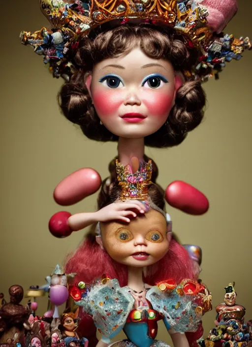 Image similar to closeup face profile portrait of tin toy bjork as a fairytale princess wearing a crown eating cakes, bikini, depth of field, zeiss lens, detailed, symmetrical, centered, fashion photoshoot, by nicoletta ceccoli, mark ryden, lostfish, breathtaking, 8 k resolution, extremely detailed, beautiful, establishing shot, artistic, hyperrealistic, octane render