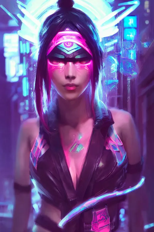 Image similar to akali from league of legends, cyberpunk futuristic neon. wearing ninja face mask decorated with traditional japanese ornaments by ismail inceoglu dragan bibin hans thoma greg rutkowski alexandros pyromallis nekro rene maritte illustrated, perfect face, fine details, realistic shaded, fine - face, pretty face, masterpiece