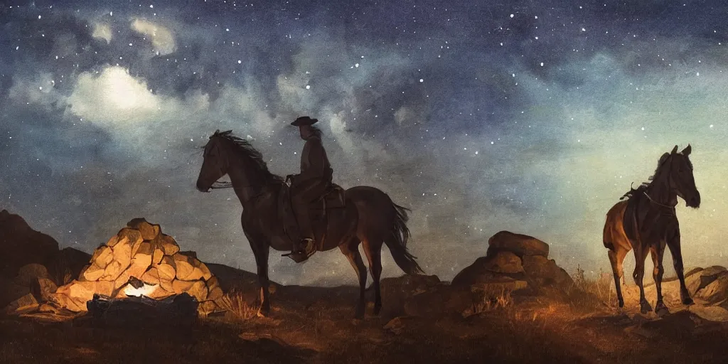 Image similar to in the old west, at a campfire at night, close up portrait of one sleeping bandit scoot mcnairy ( ( alone ) ) propped against a rock, watches the stars and his horse grazes, in the style of a cinematic oil painting, warm color palate, astral, grim