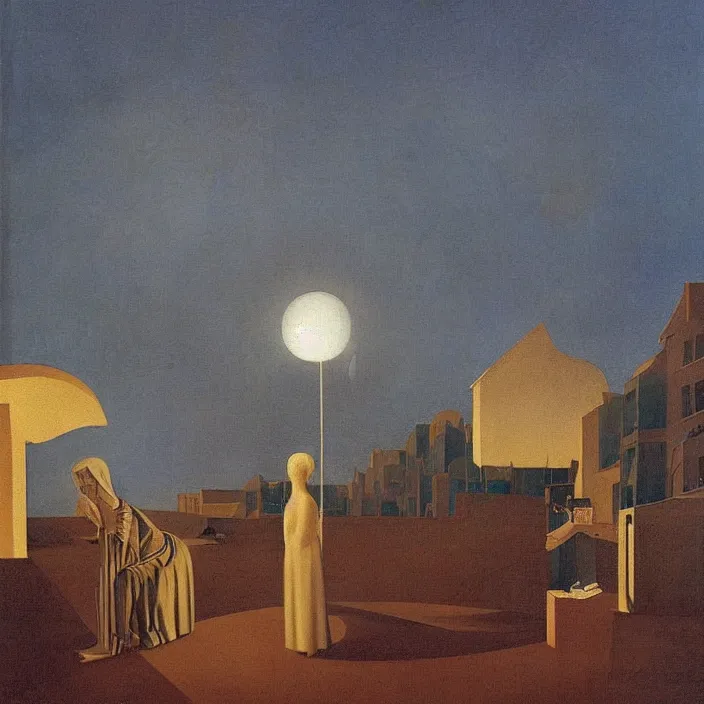 Prompt: obituary for a blue alchemist at dawn. painting by uccello paolo, agnes pelton, paul delvaux