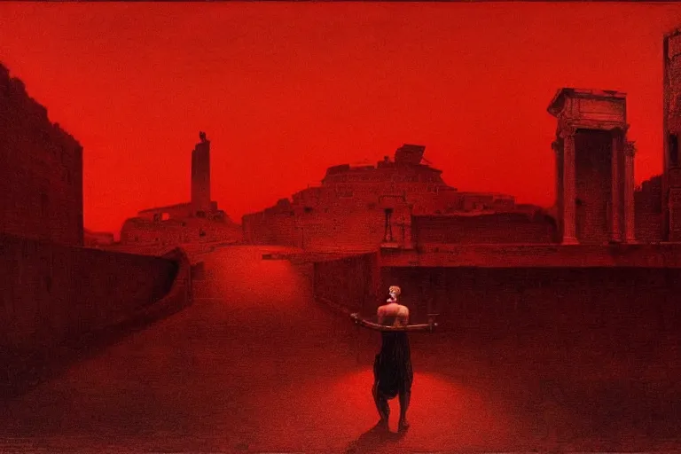 Image similar to only with red, caesar after war, a red tiger, in hoc signo vinces, rome in background, an ancient path, in the style of beksinski, part by hopper, part by rodcenko, part by hofbauer, intricate composition, red by caravaggio, insanely quality, highly detailed, masterpiece, red light, artstation