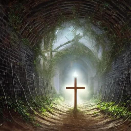 Prompt: a christian cross as the light at the end of the tunnel, with a few vines and overgrowth, concept art by Doug Chiang cinematic, realistic painting, high definition, digital art, symmetrical, very detailed, extremely high detail, photo realistic, concept art, unreal engine 5,