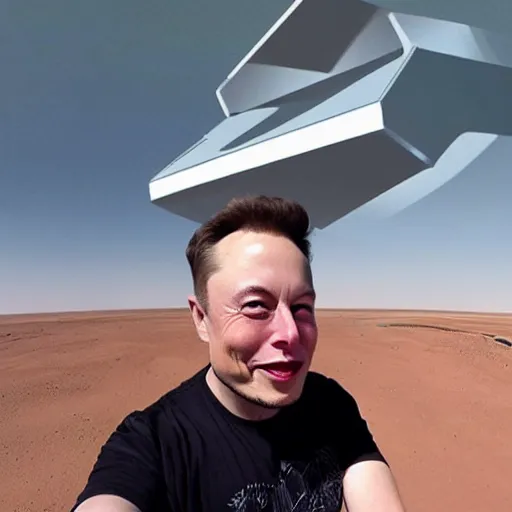 Image similar to Elon musk selfie with background futuristic house on mars