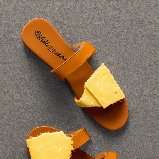 Prompt: high quality photo of sandals made of cheese, realism, 8k, award winning photo