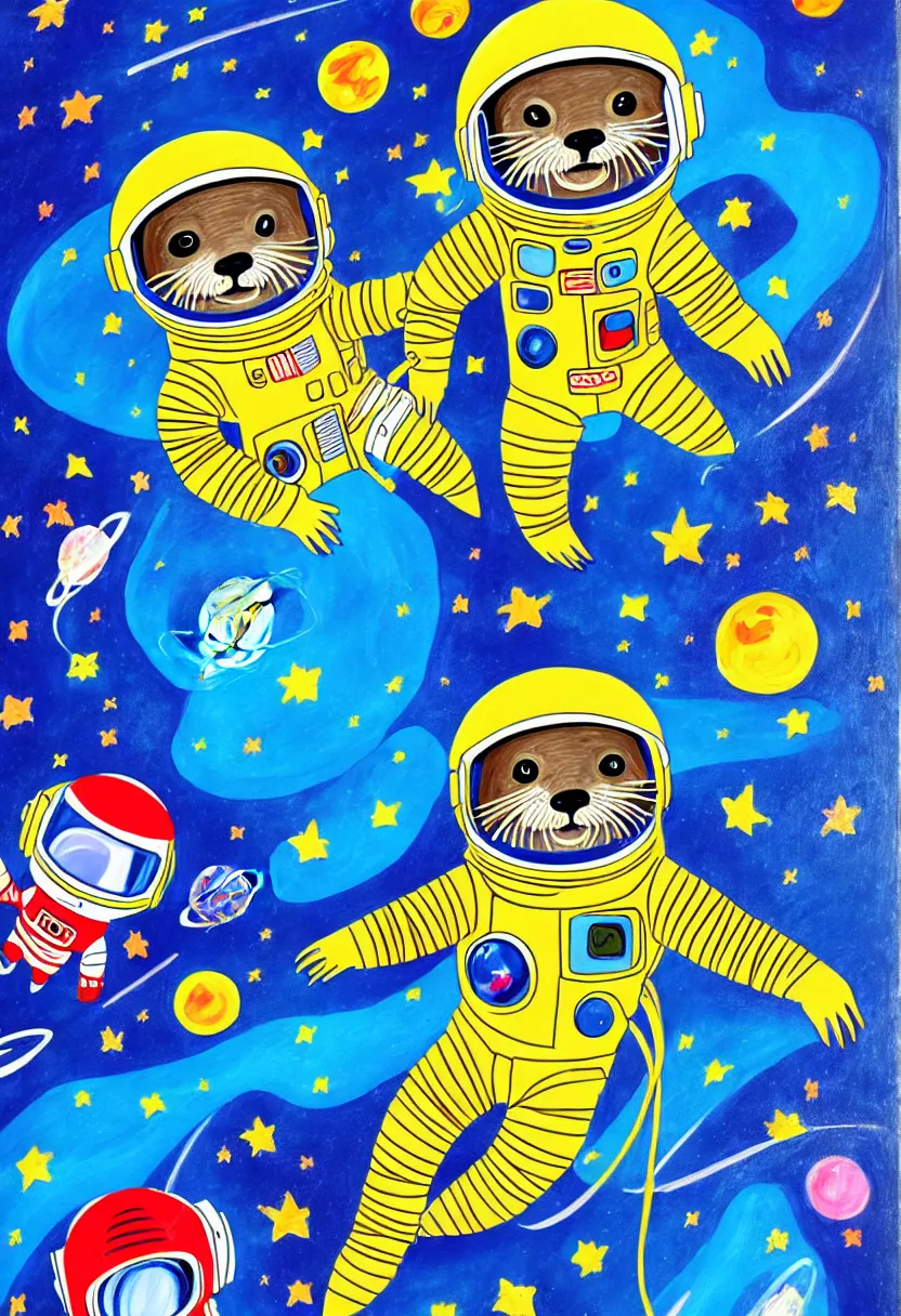 Prompt: children's storybook, detailed guache painting, semi-realistic portrait of an otter in an astronaut space suit floating in outer space.