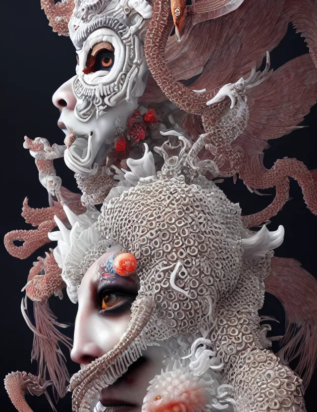 Image similar to 3 d goddess of hell close - up profile portrait with ram skull. beautiful intricately detailed japanese crow kitsune mask and clasical japanese kimono. betta fish, jellyfish phoenix, bio luminescent, plasma, ice, water, wind, creature, artwork by tooth wu and wlop and beeple and greg rutkowski