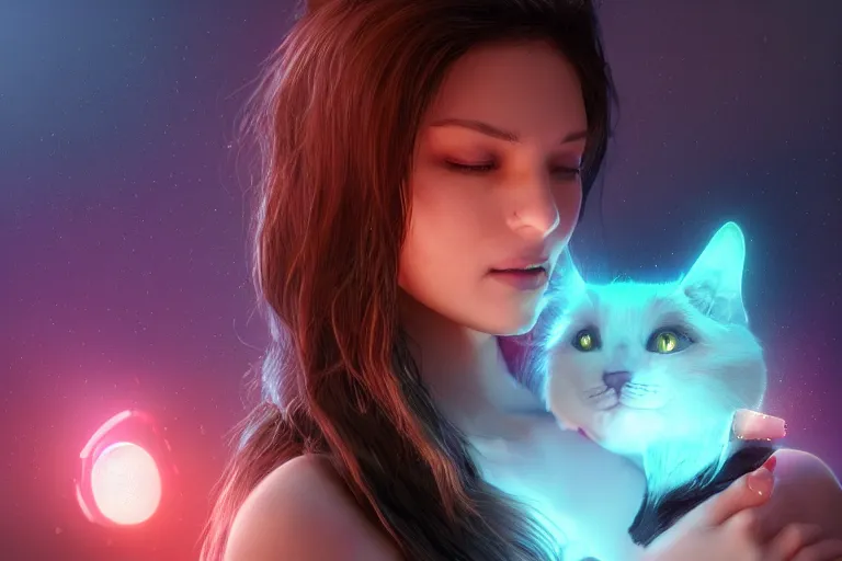 Prompt: a beatiful woman with a kittie, lens flare, atmosphere, glow, detailed, intricate, full of colour, cinematic lighting, trending on artstation, 4k, hyperrealistic, focused, extreme details, unreal engine 5, cinematic, masterpiece