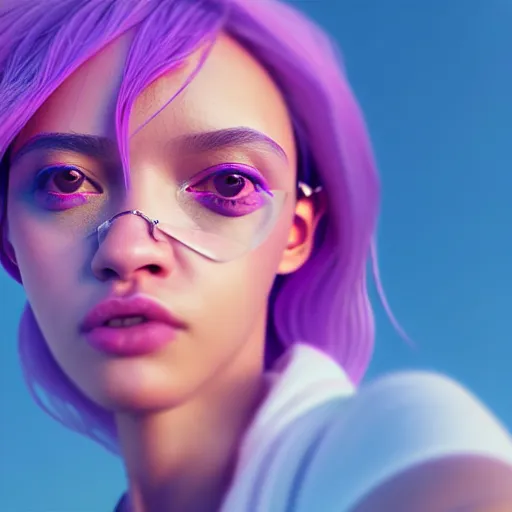 Image similar to selfie of a young woman, winged eyeliner, pastel clothing, urban environment, depth of field, octane render, photorealistic, trending on artstation