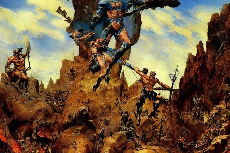 Image similar to a beautiful painting of a rocky landscape covered with bodies of medieval soldiers in shiny armors, dawn, by Frank Frazetta, by Georgia o keeffe, by Gustave Moreau