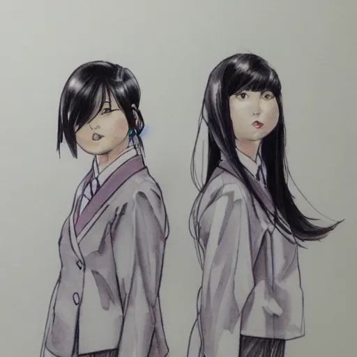 Prompt: a perfect, realistic professional concept sketch of two Japanese schoolgirls posing, in style of Marvel, full length, by pen and watercolor, by a professional American senior artist on ArtStation, a high-quality hollywood-style sketch, on high-quality paper