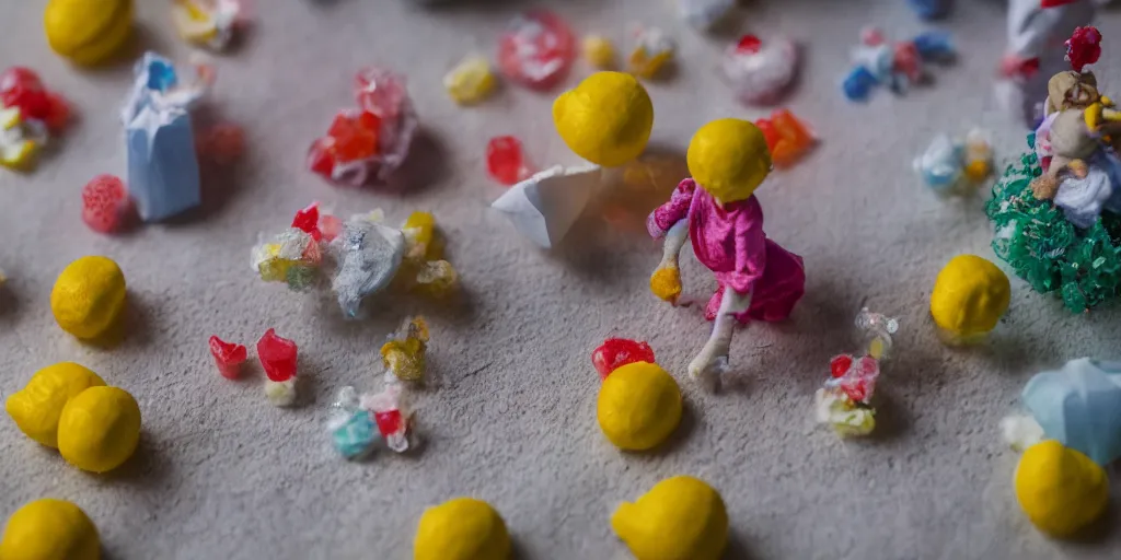 Image similar to a cinematic film still of a claymation stop motion film about a town made of lemons and candy, shallow depth of field, 8 0 mm, f 1. 8