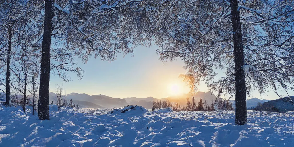 Image similar to a beautiful landscape, sun rises between two snowy mountains, art by phillipp urlich