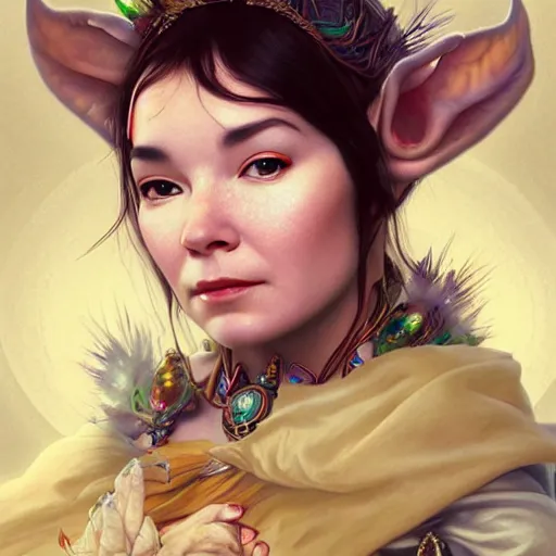 Image similar to portrait of bjork as dmt elf, 8 k highly detailed, sharp focus, illustration, art by artgerm, mucha, bouguereau