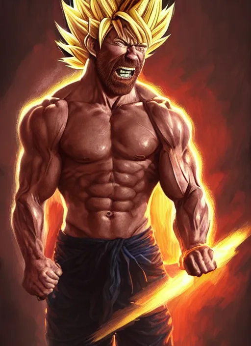 Image similar to portrait of aggressive chuck norris going super saiyan, d & d, muscular! storm! fantasy, intricate, elegant, highly detailed, digital painting, artstation, concept art, smooth, sharp focus, illustration, art by artgerm and greg rutkowski and alphonse mucha