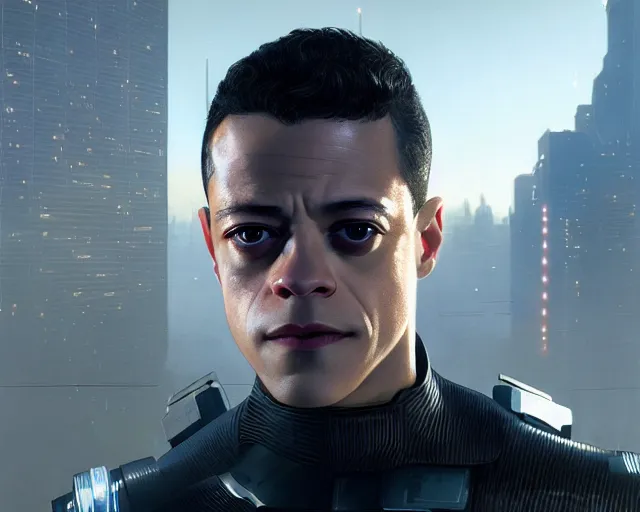 Image similar to highly detailed portrait of rami malek as an android, in detroit : become human, stephen bliss, unreal engine, fantasy art by greg rutkowski, loish, rhads, ferdinand knab, makoto shinkai and lois van baarle, ilya kuvshinov, rossdraws, tom bagshaw, global illumination, radiant light, detailed and intricate environment