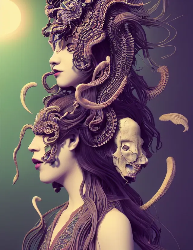 Image similar to 3 d slvic goddess half - turn portrait with long hair with ram skull. beautiful intricately detailed japanese crow kitsune mask and clasical japanese kimono. betta fish, jellyfish phoenix, bio luminescent, plasma, ice, water, wind, creature, artwork by tooth wu and wlop and beeple and greg rutkowski