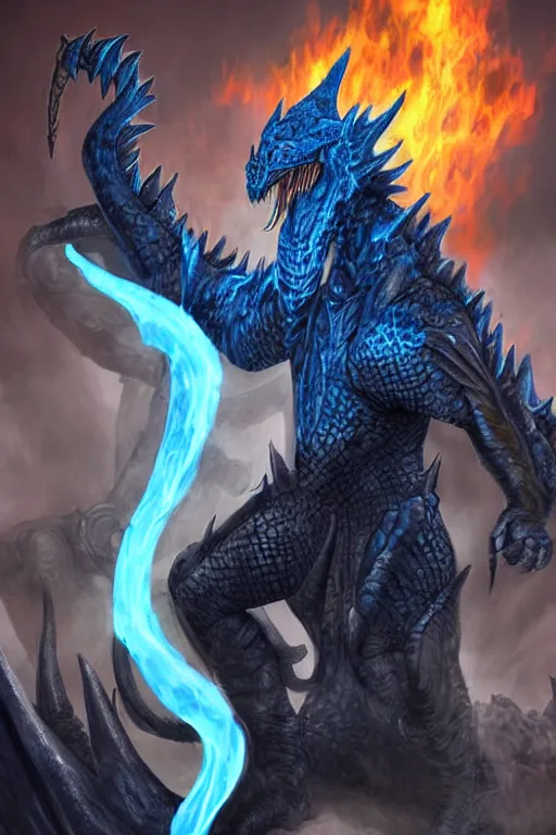 Prompt: a dark blue dragonborn with large tusks, half of his face flaming with blue flame, he wears a black dragon scales armor, digital art