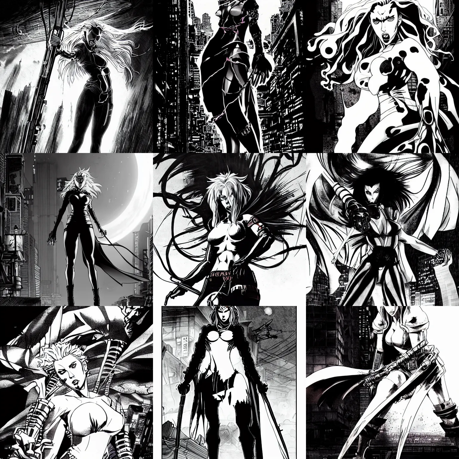 Prompt: scarlett johansson as spawn in afro samurai anime style pencil and ink manga, full body action pose, dramatic lighting in a post apocalyptic cyberpunk city, at night with dramatic moonlight