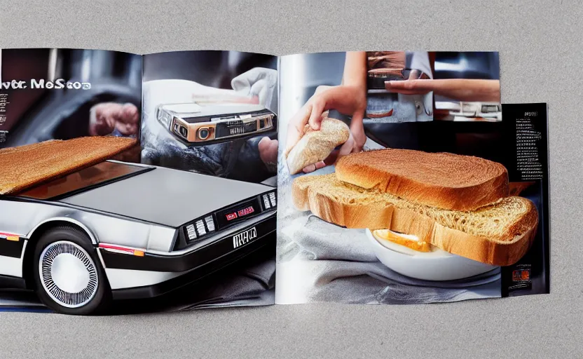 Image similar to a time-traveling delorean styled toaster with toast, bread inserted into slot, professional product shot, magazine ad