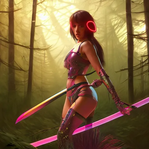 Prompt: woman with neon katana in a forest at night, highly detailed, professional digital painting, Unreal Engine 5, Photorealism, HD quality, 8k resolution, cinema 4d, 3D, cinematic, professional photography, art by artgerm and greg rutkowski and alphonse mucha and loish and WLOP