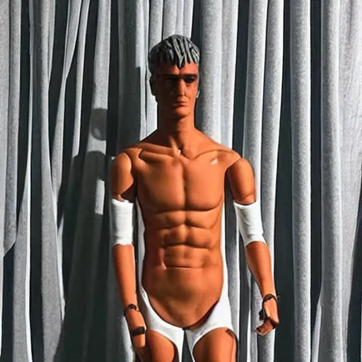 Image similar to “ a realistic detailed photo of a guy who is an attractive humanoid who is half robot and half humanoid, who is a male android, soccer player antoine griezmann, shiny skin, posing like a statue, blank stare, on the bed, on display ”