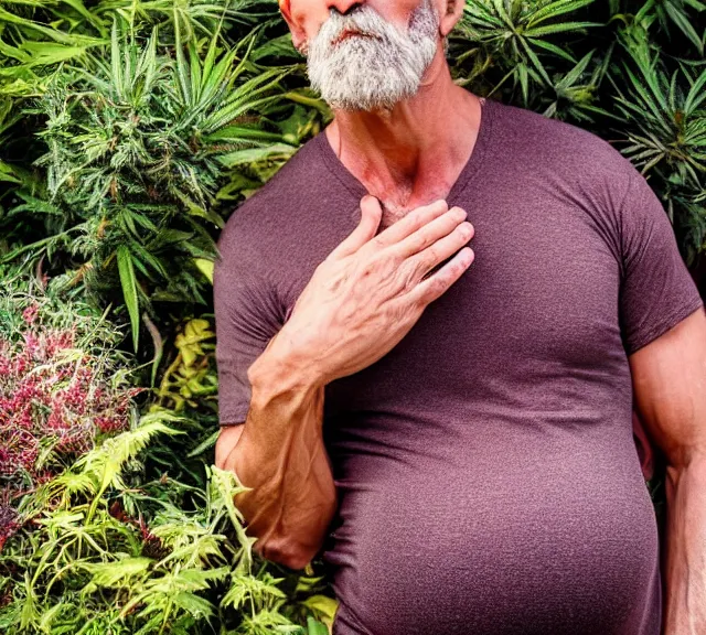 Image similar to mr robert smoke weed and meditate in the garden, he has dark grey hairs, detailed glad face, muscular chest, pregnant belly, golden hour closeup photo, red elegant shirt, eyes wide open, ymmm and that smell