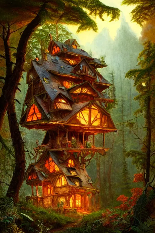 Image similar to a storybook illustration of a ramshackle multistory fairytale hut in the forest, intricate, elegant, fantasy, highly detailed, digital painting, concept art, sharp focus, artstation, painted by Frederic Edwin Church