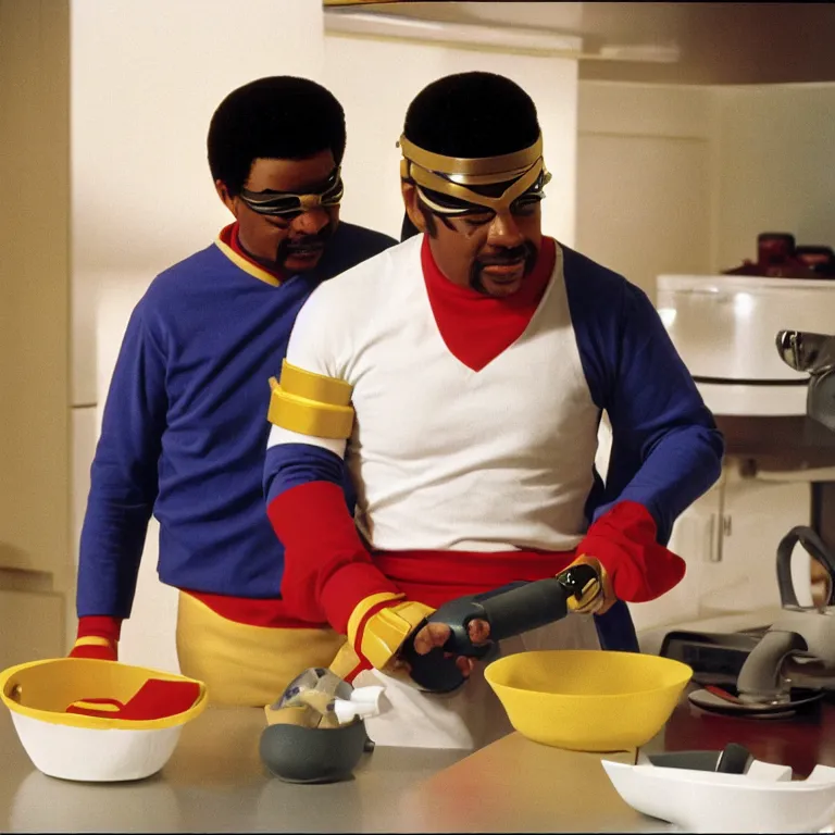 Prompt: geordi laforge wearing visor and a colander and random kitchen tools on his head
