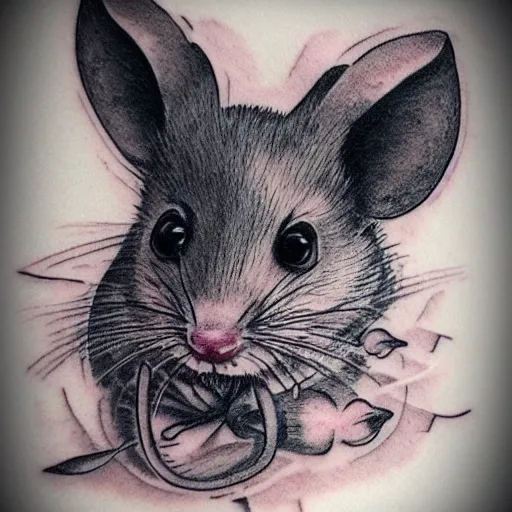 Image similar to tattoo of a cute rat, black, blue gray, pink, and white ink, detailed, hyperrealistic trending on artstation