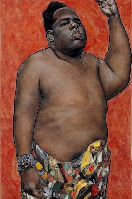 Image similar to a full body portrait of notorious b. i. g. in style of egon schiele, herakut and gustav klimt, masterpiece, hyperdetailed, complex, intricate, 4 k, trending on artstation