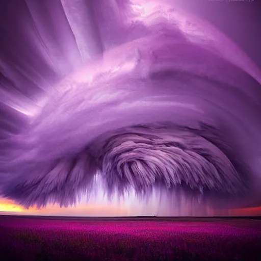 Image similar to purple clouds in the shape of a tornado by marc adamus, digital art, beautiful dramatic lighting