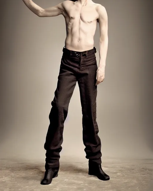 Prompt: an award - winning photo of an ancient male model wearing a plain boot cut flared distressed medieval designer menswear trousers designed by comme des garcons, 4 k, studio lighting, wide angle lens, 2 0 0 4