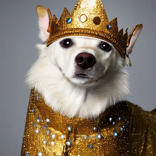 Image similar to A very realistic photograph of a dog wearing a golden crown with gems.