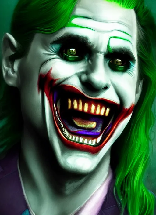 Image similar to portrait of jared leto as the joker, green hair, intricate, elegant, glowing lights, highly detailed, digital painting, artstation, concept art, sharp focus, illustration, art by wlop, mars ravelo and greg rutkowski