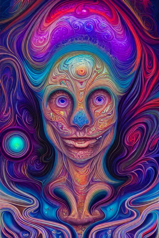 Image similar to abstract colorful liquid smoke and clouds morphing into detailed faces, dmt, psilocybin, lsd, intricate, elegant, highly detailed, digital painting, artstation, smooth, sharp focus, illustration, art by alex grey, hana yata, beeple, josephine wall, octane render, unreal engine, 8 k