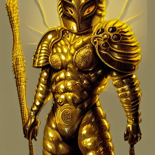 Prompt: full frame golden reflective shining intricate armor on a stand in the middle of a studio well lit spotlights anamorphic behance artstation artwork by boris vallejo