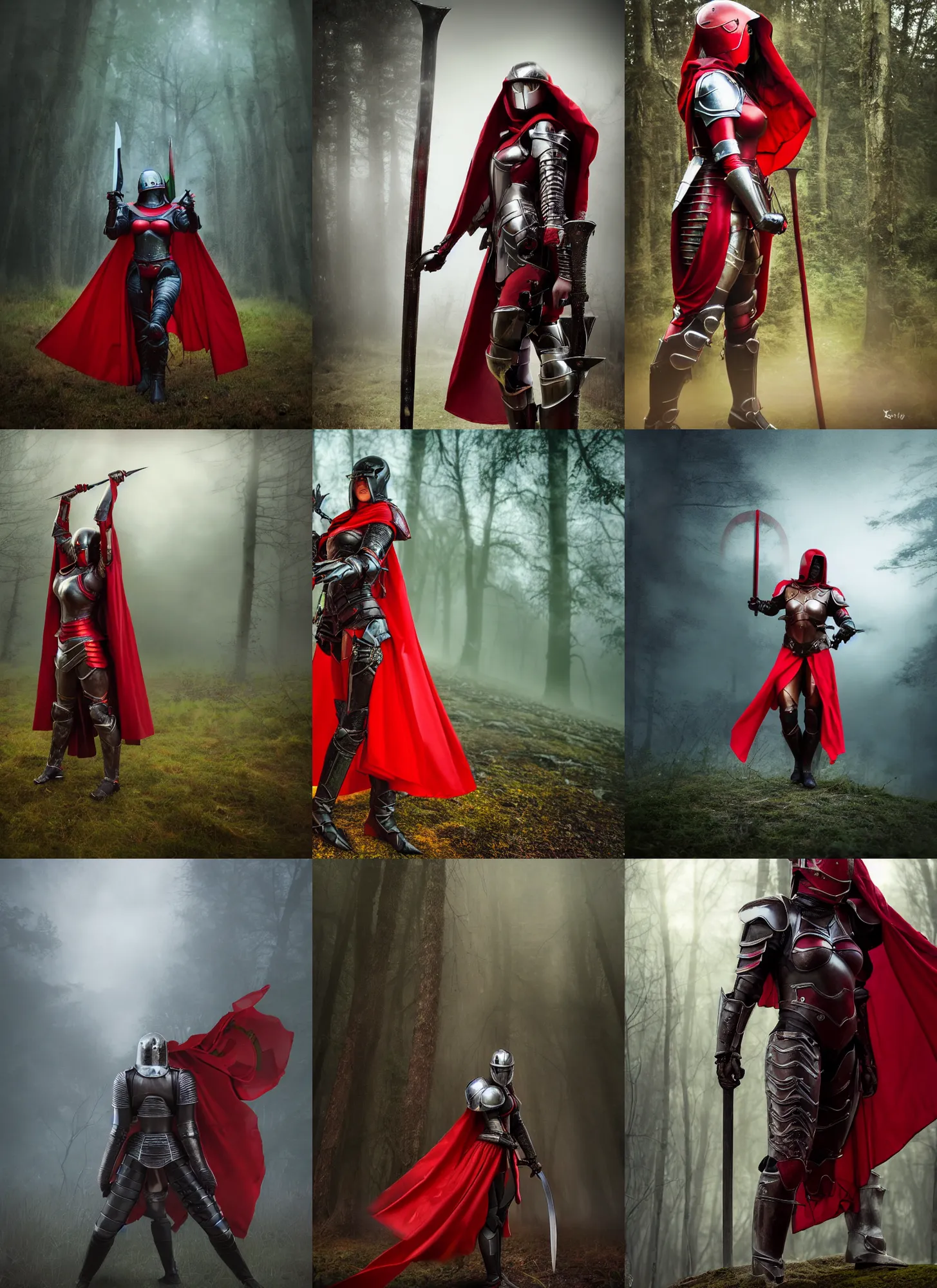 Prompt: helmeted big muscular female warrior with a long red cape wielding two swords wearing full body knight!! armor, forest plains of yorkshire, misty forest, elden ring, dark souls, good value control, digital painting, sharp focus, rule of thirds, 4k, kamen rider armor, rubber suit, centered, magic hour photography, atmospheric, moody vibrant colors