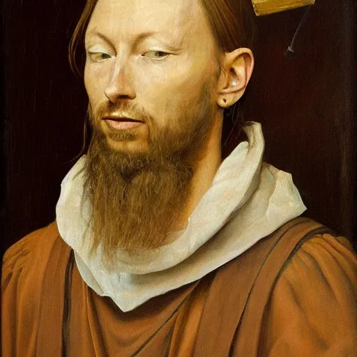 Prompt: Renaissance oil portrait of Thom Yorke as a scholar, high-quality realistic oil painting with detailed strokes, Thom Yorke as a robed Renaissance scholar