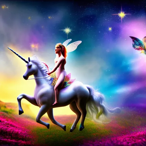 Prompt: photo of a fairy riding a unicorn, highly detailed, 4k, HDR,