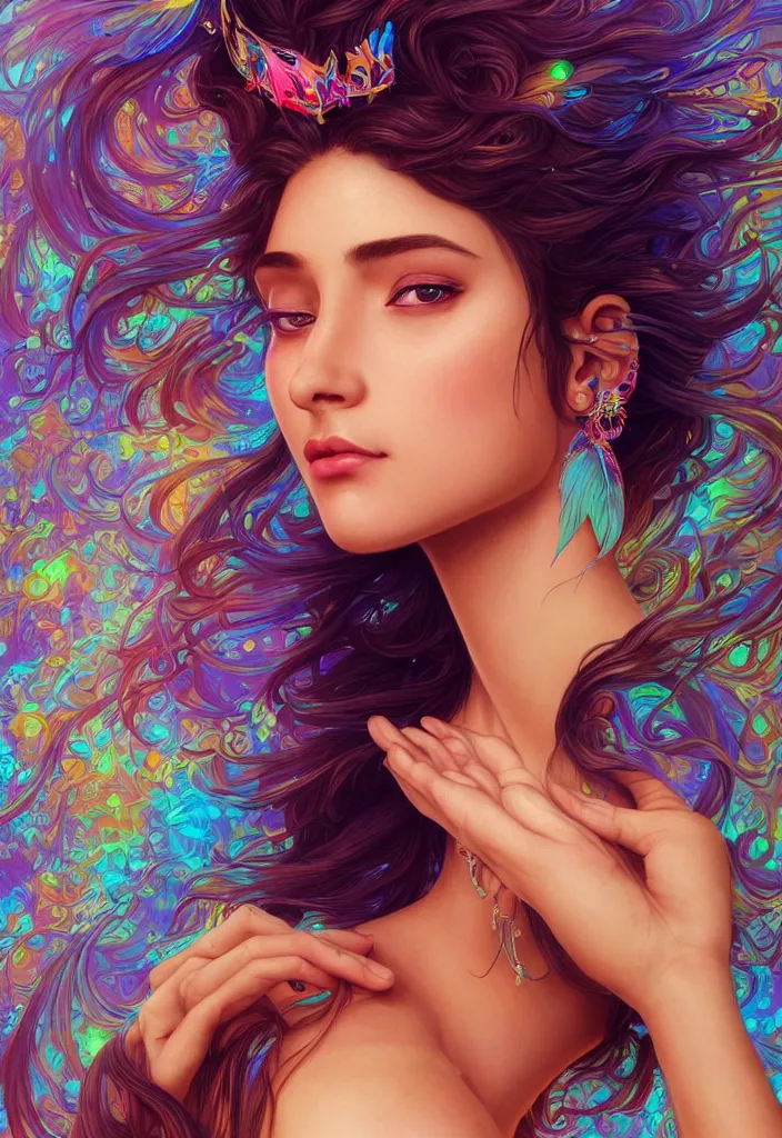 Image similar to beautiful, young woman, detailed gorgeous face, vaporwave aesthetic, synthwave, colorful, psychedelic, water droplets, feathers, crown, artstation, concept art, smooth, extremely sharp detail, finely tuned detail, ultra high definition, 8 k, unreal engine 5, ultra sharp focus, illustration, art by artgerm and greg rutkowski and alphonse mucha