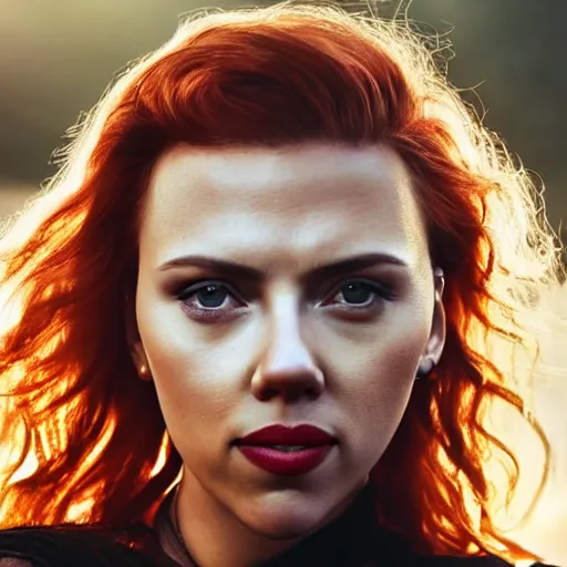 Image similar to close - up photo still of scarlett johansson looking off into the distance, long red hair, black dress, golden hour, photorealistic, ultra detailed, intricate, natural light falling on her face. the focus is on her eyes and brows, fujifilm x - pro 2, by annie leibowitz